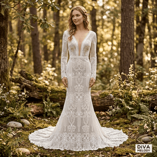 V - Neck Lace Mermaid Romantic Wedding Dress - Diva Melody