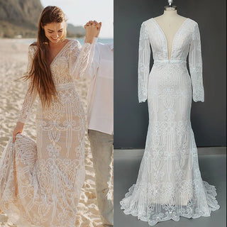 V - Neck Lace Mermaid Wedding Dress - Diva Melody