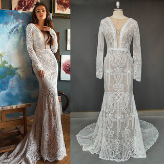 V - Neck Lace Mermaid Wedding Dress - Diva Melody