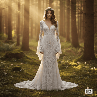 V - Neck Lace Mermaid Wedding Dress - Diva Melody