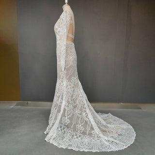 V - Neck Lace Mermaid Wedding Dress - Diva Melody