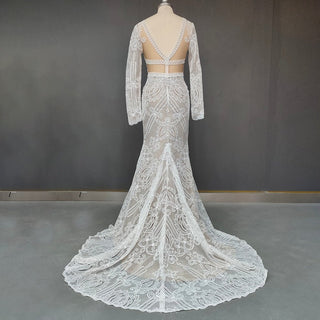 V - Neck Lace Mermaid Wedding Dress - Diva Melody