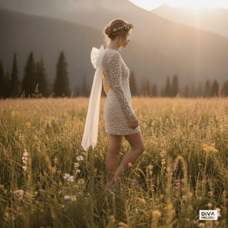 V - Neck Lace Mini Beach Wedding Dress - Diva Melody