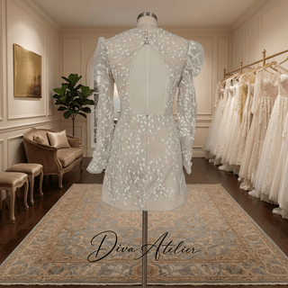 V-Neck Lace Mini Wedding Dress - Diva Melody