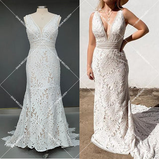 V - Neck Lace Wedding Dress - Diva Melody