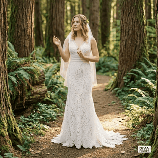 V - Neck Lace Wedding Dress - Diva Melody