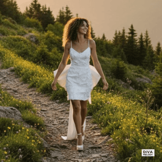 V - Neck Mini Bridal Dress with Bow - Diva Melody