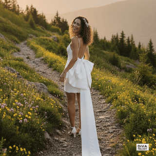 V - Neck Mini Bridal Dress with Bow - Diva Melody
