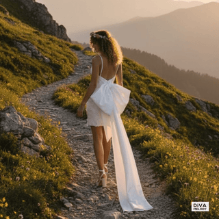 V - Neck Mini Bridal Dress with Bow - Diva Melody