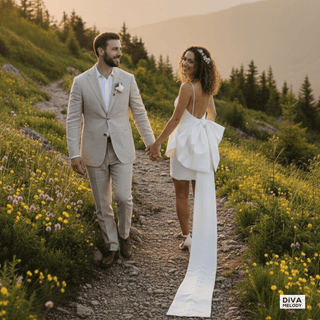 V - Neck Mini Bridal Dress with Bow - Diva Melody