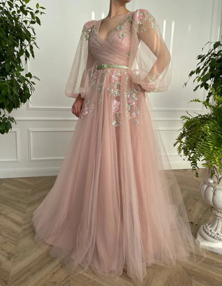 V - Neck Pink Tulle A - line Evening Dress - Diva Melody