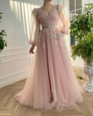 V - Neck Pink Tulle A - line Evening Dress - Diva Melody