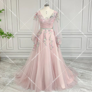 V - Neck Pink Tulle A - line Evening Dress - Diva Melody