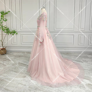 V - Neck Pink Tulle A - line Evening Dress - Diva Melody