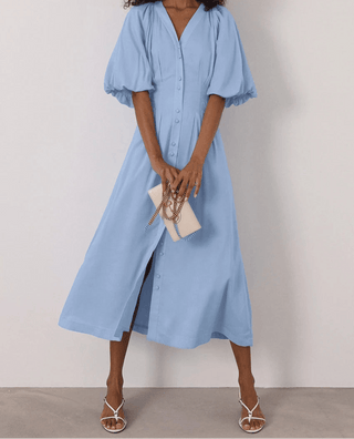 V - Neck Puff Sleeve Midi Dress - Diva Melody