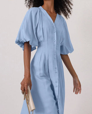 V - Neck Puff Sleeve Midi Dress - Diva Melody