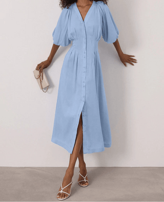 V - Neck Puff Sleeve Midi Dress - Diva Melody