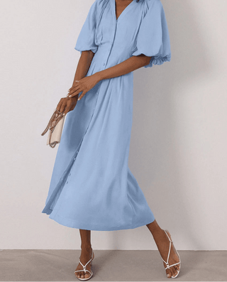 V - Neck Puff Sleeve Midi Dress - Diva Melody