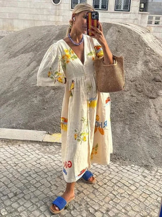 V - Neck Puff Sleeve Printed Midi Dress - Diva Melody