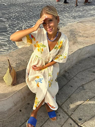 V - Neck Puff Sleeve Printed Midi Dress - Diva Melody