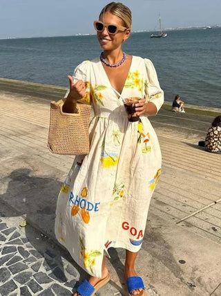 V - Neck Puff Sleeve Printed Midi Dress - Diva Melody