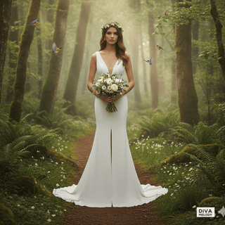 V - Neck Sheath Wedding Dress with Front Slit - Diva Melody