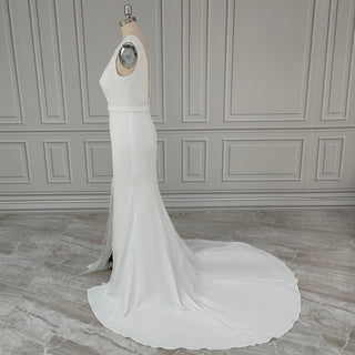 V - Neck Sheath Wedding Dress with Front Slit - Diva Melody