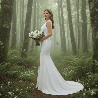 V - Neck Sheath Wedding Dress with Front Slit - Diva Melody