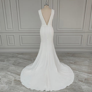 V - Neck Sheath Wedding Dress with Front Slit - Diva Melody