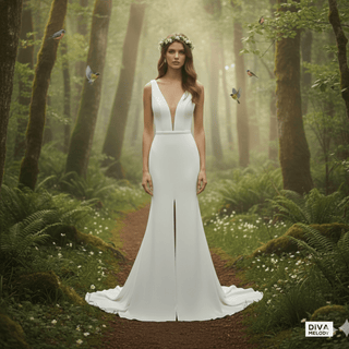 V - Neck Sheath Wedding Dress with Front Slit - Diva Melody