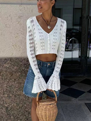 V - Neck Sheer Knit Crop Top - Diva Melody