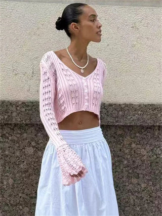 V - Neck Sheer Knit Crop Top - Diva Melody
