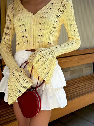 V - Neck Sheer Knit Crop Top - Diva Melody