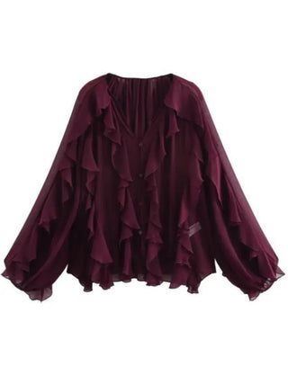 V - Neck Sheer Layered Elegant Ruffle Blouse - Diva Melody