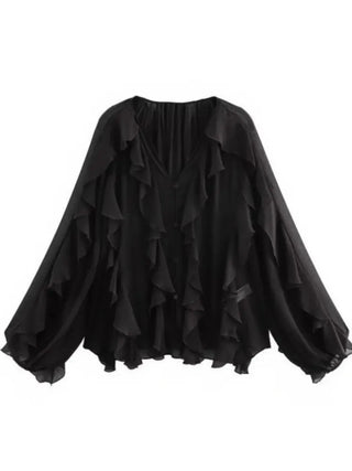V - Neck Sheer Layered Elegant Ruffle Blouse - Diva Melody