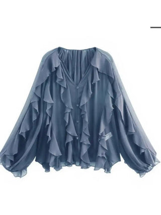 V - Neck Sheer Layered Elegant Ruffle Blouse - Diva Melody