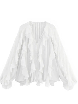 V - Neck Sheer Layered Elegant Ruffle Blouse - Diva Melody