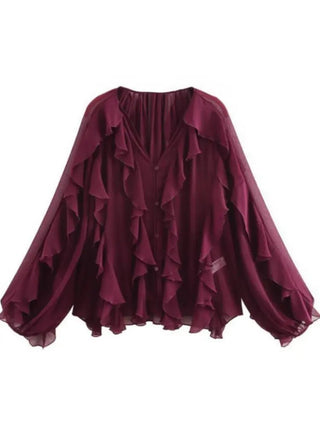 V - Neck Sheer Layered Elegant Ruffle Blouse - Diva Melody