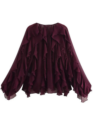 V - Neck Sheer Layered Elegant Ruffle Blouse - Diva Melody
