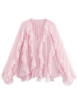 V - Neck Sheer Layered Elegant Ruffle Blouse - Diva Melody