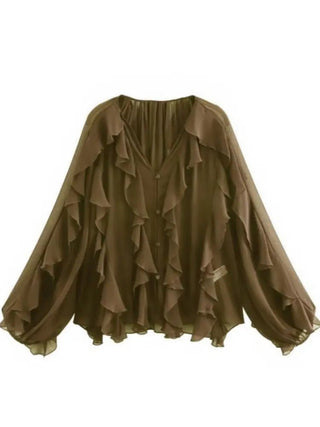 V - Neck Sheer Layered Elegant Ruffle Blouse - Diva Melody