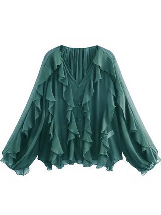 V - Neck Sheer Layered Elegant Ruffle Blouse - Diva Melody