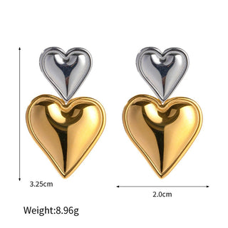 Vintage 18K Gold Plated Stainless Steel Double Heart Shaped Drop Earrings - Diva Melody