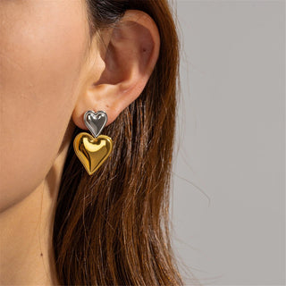 Vintage 18K Gold Plated Stainless Steel Double Heart Shaped Drop Earrings - Diva Melody