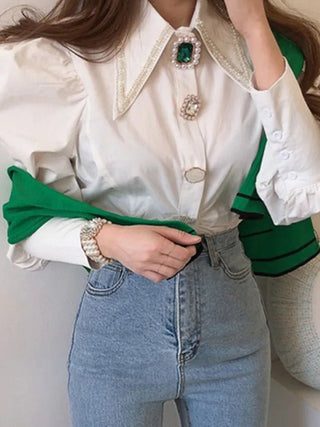 Vintage Button Pointed Collar Puff Sleeve Pearl Blouses - Diva Melody