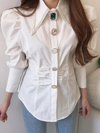 Vintage Button Pointed Collar Puff Sleeve Pearl Blouses - Diva Melody