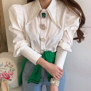 Vintage Button Pointed Collar Puff Sleeve Pearl Blouses - Diva Melody