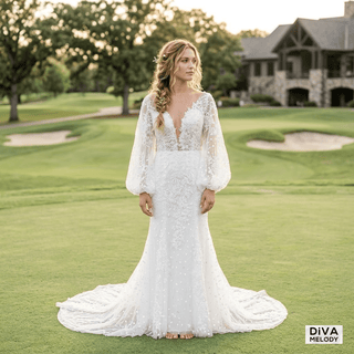 Vintage Long Puffy Sleeve Mermaid Wedding Dress - Diva Melody