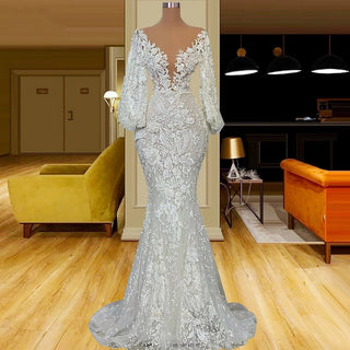 Vintage Long Puffy Sleeve Mermaid Wedding Dress - Diva Melody