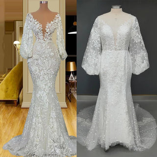 Vintage Long Puffy Sleeve Mermaid Wedding Dress - Diva Melody